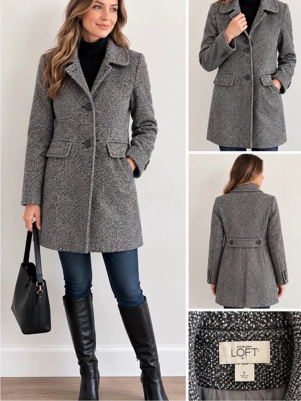 Loft gray tweed mid-length coat. Size 6Petite.